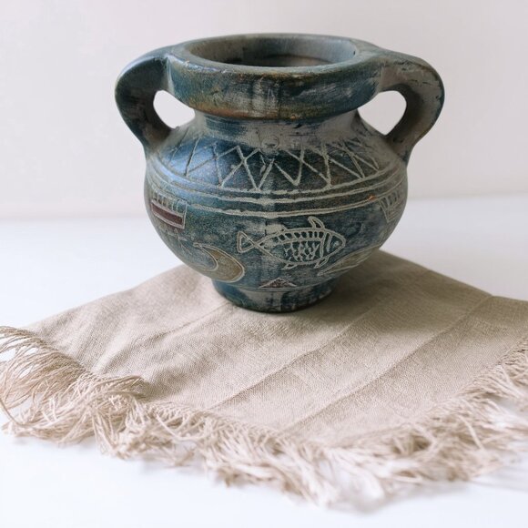 Mediterranean Boats & Fish Motif Pottery Jar: Greek Style Double Handle Vase - Picture 8 of 13